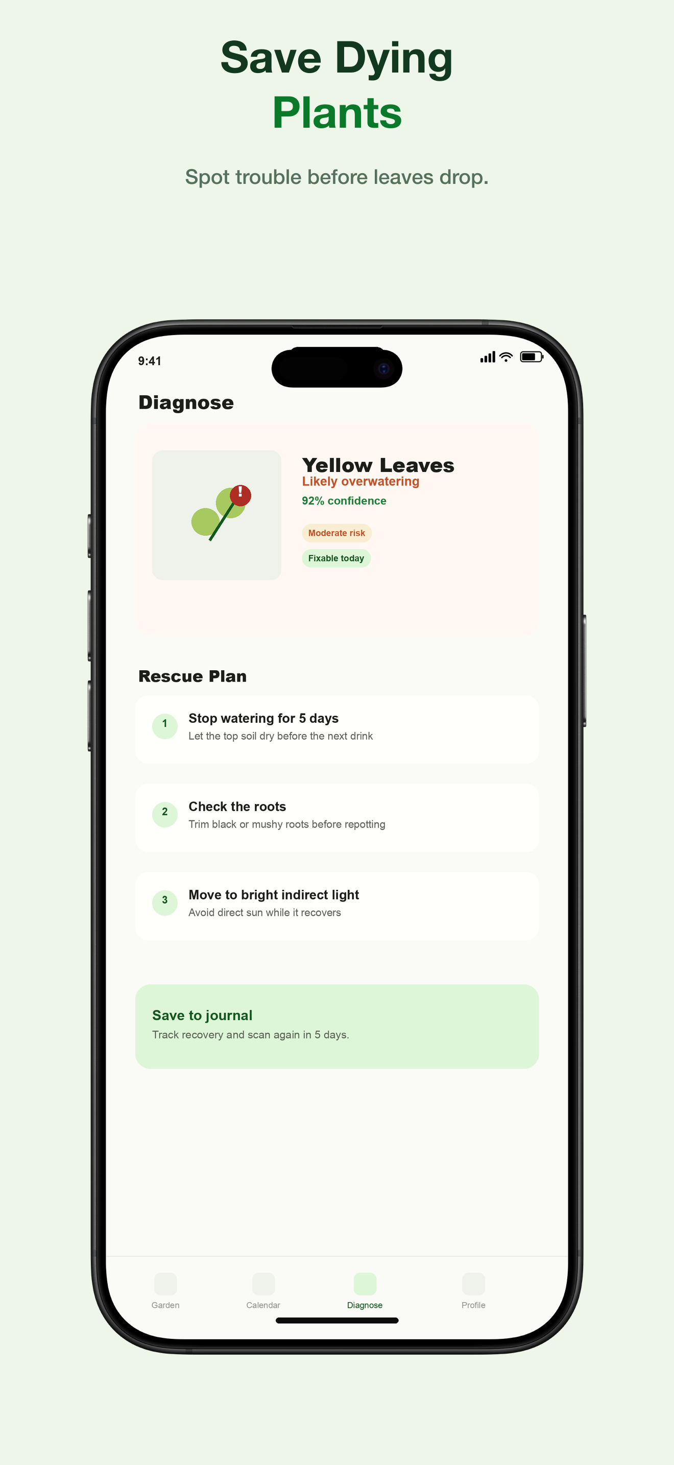 GardenGenius app screen showing a step-by-step plan to save a dying plant