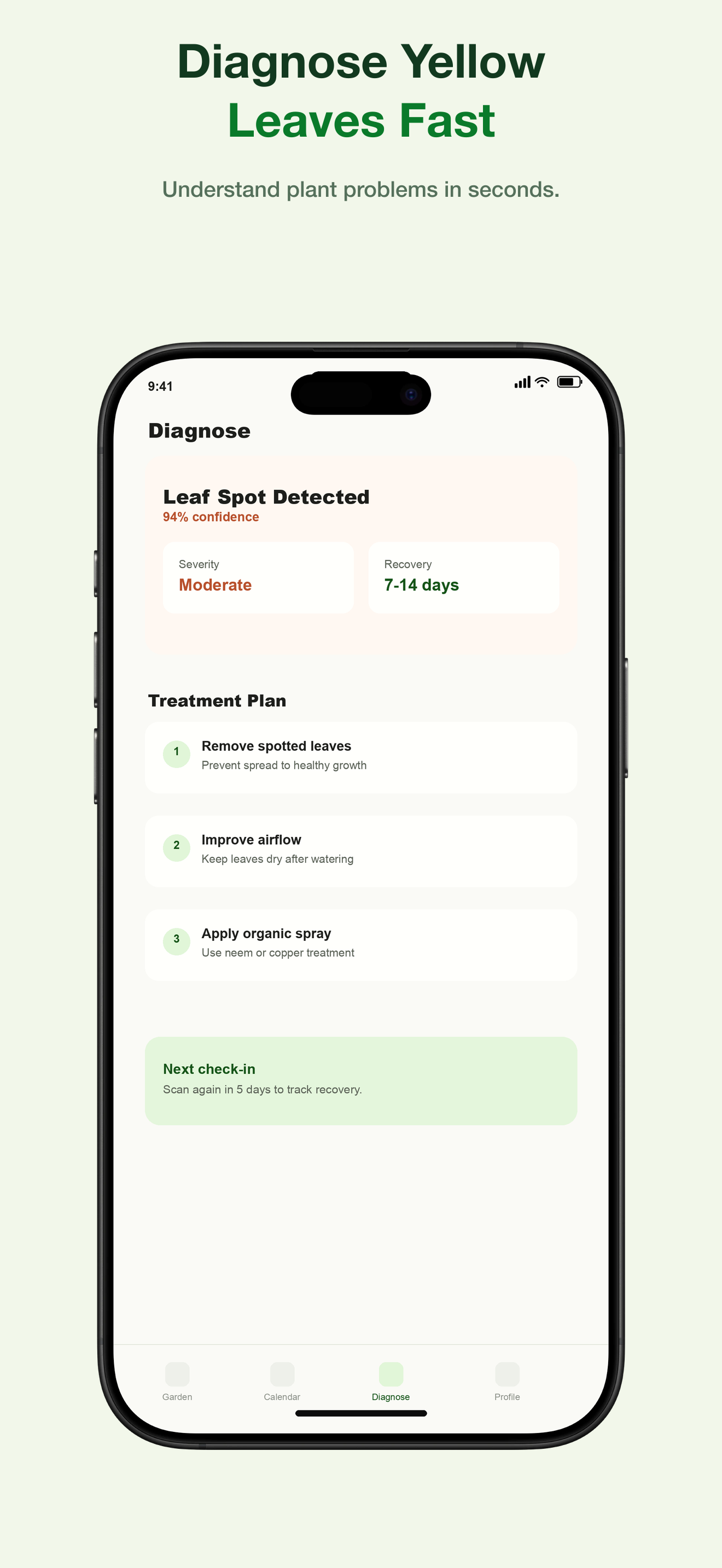 GardenGenius disease diagnosis screen identifying the cause of yellow leaves from a photo