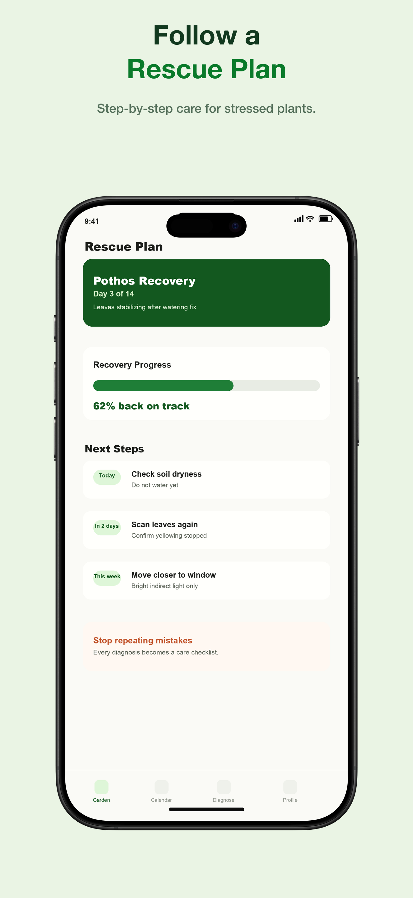 GardenGenius plant doctor app screen with a treatment plan for a sick houseplant