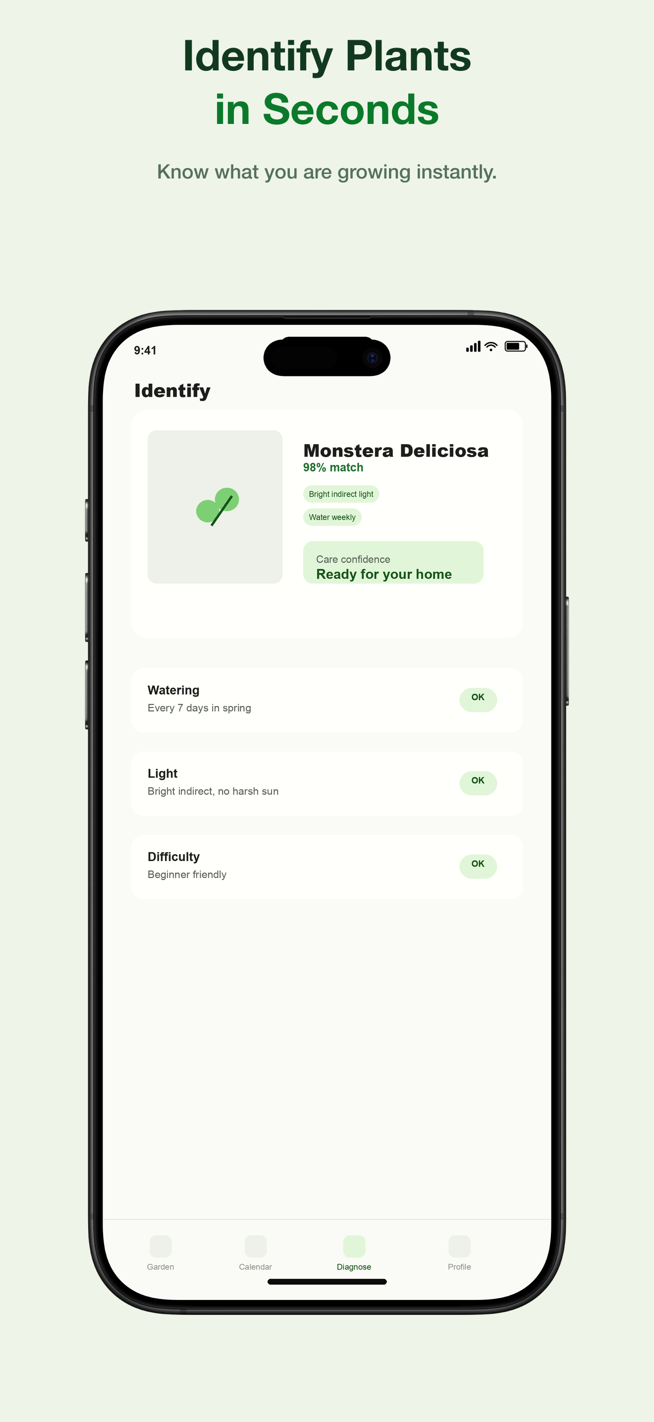 GardenGenius plant identifier app instantly identifying a houseplant species from a camera photo