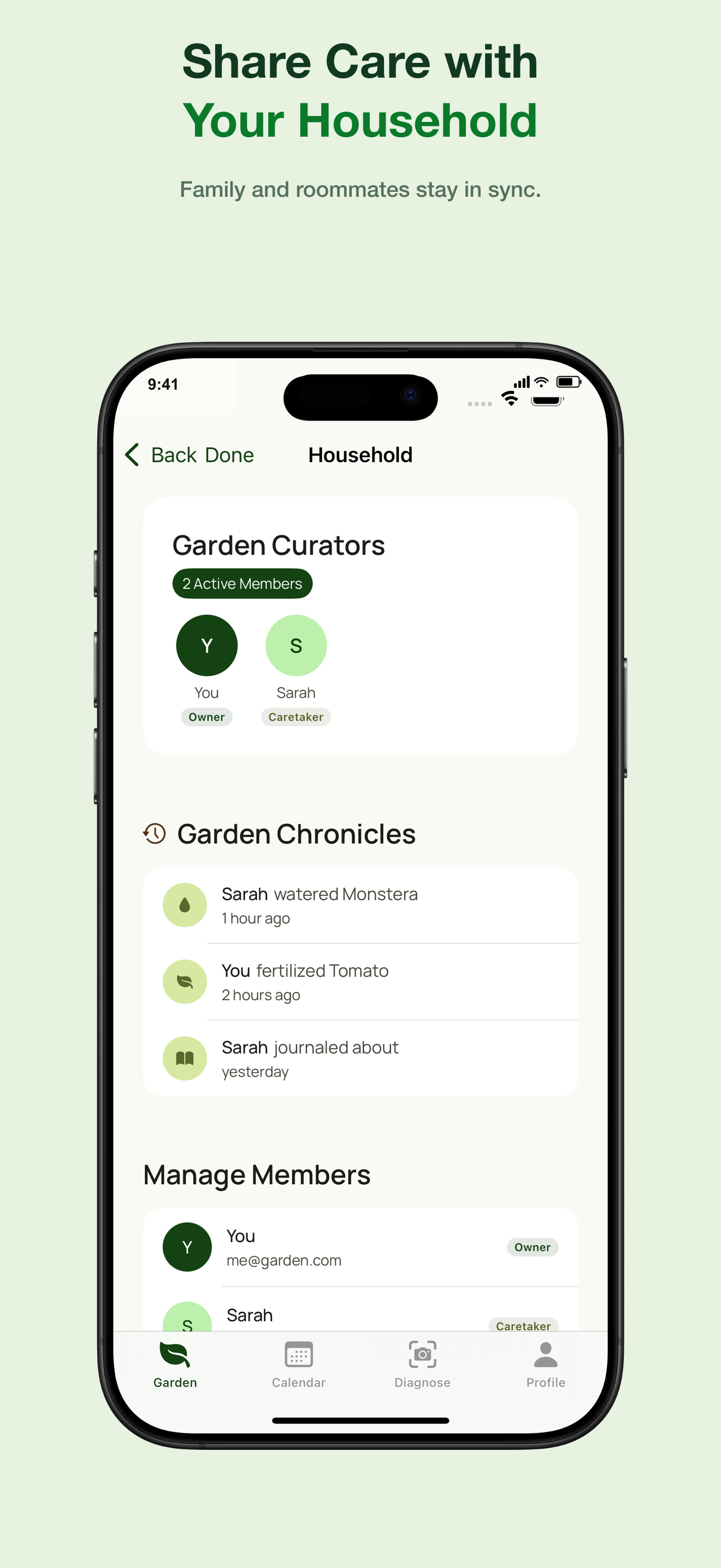 GardenGenius plant care app screen for sharing watering and care tasks with your household