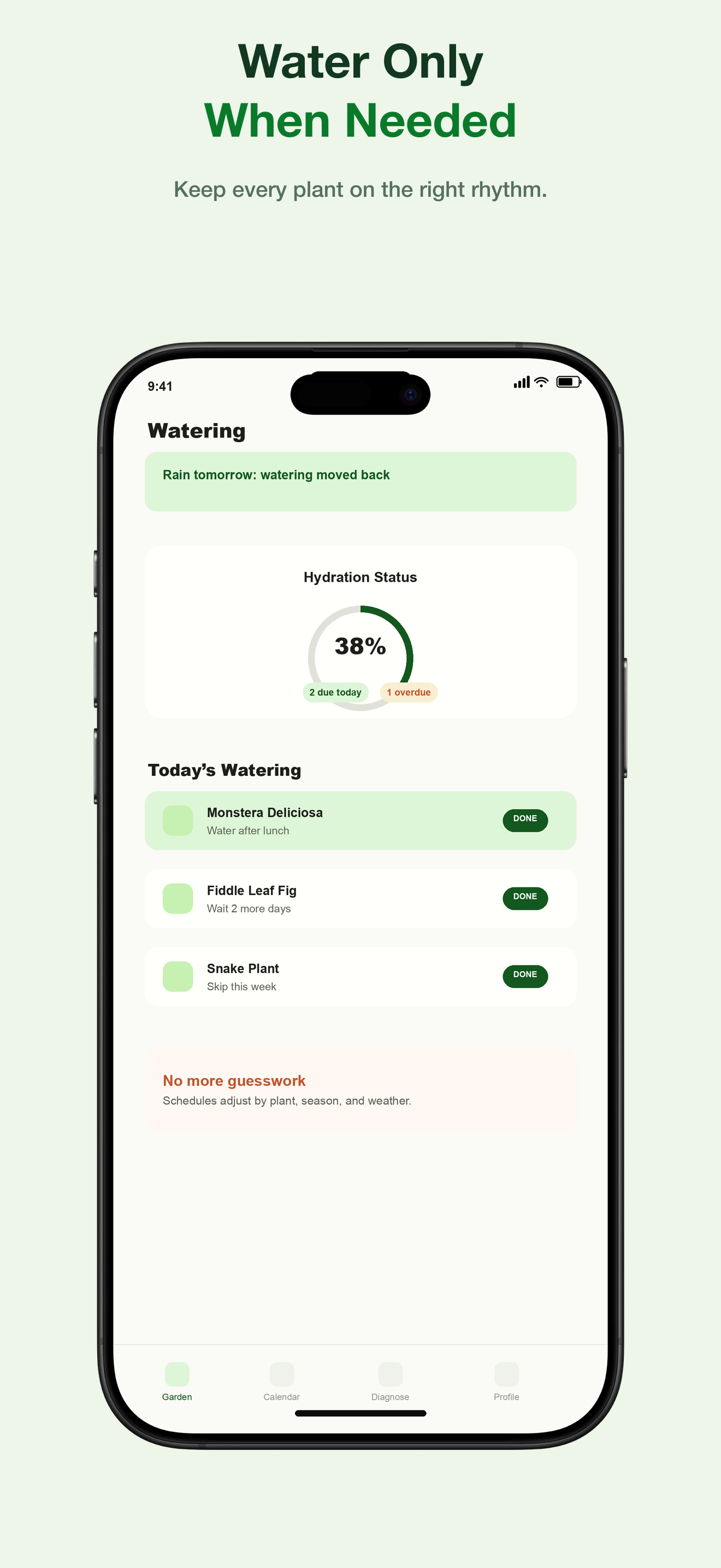 GardenGenius watering reminder app screen showing a weather-aware watering schedule