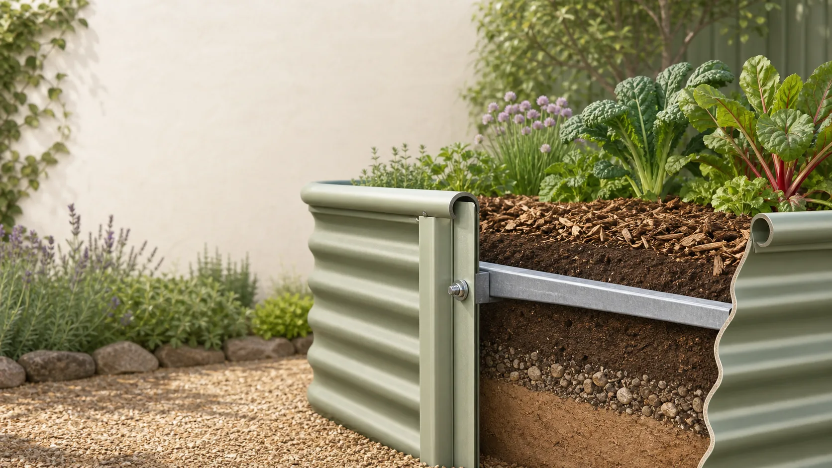 Editorial illustration of raised garden bed materials and construction details