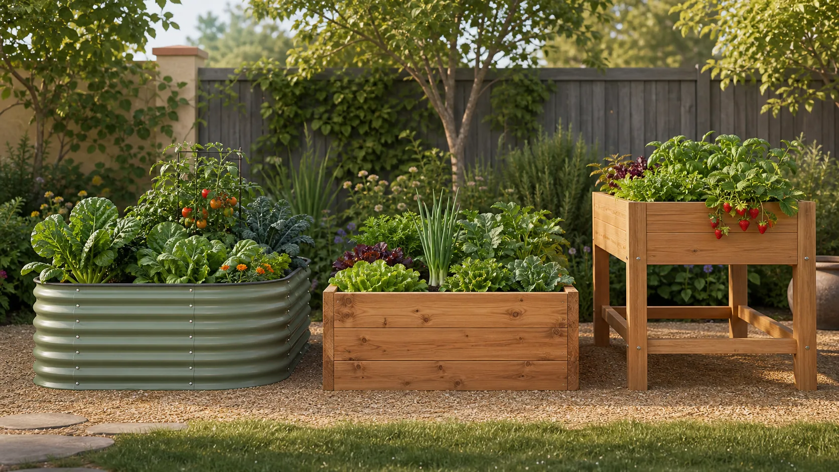Editorial illustration of raised garden bed materials and construction details
