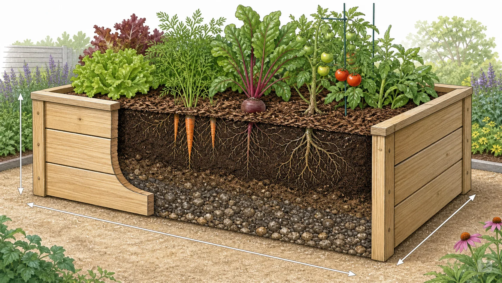 Editorial cutaway illustration showing raised-bed length, width, depth, soil, mulch, and vegetable roots