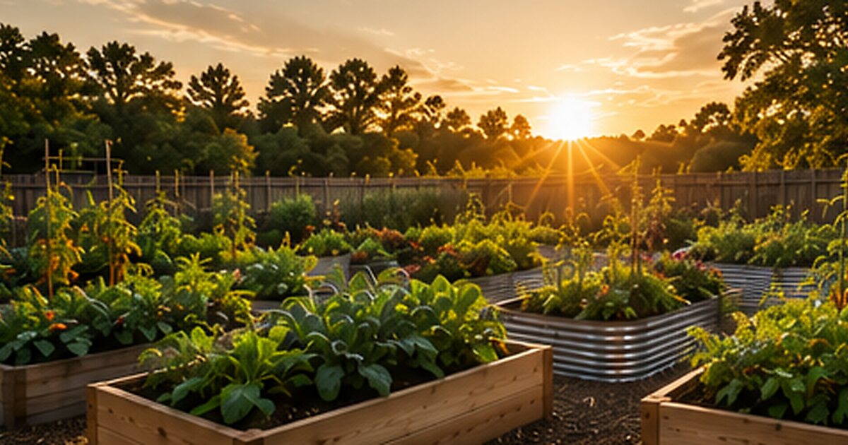 Raised bed vegetable garden at sunset